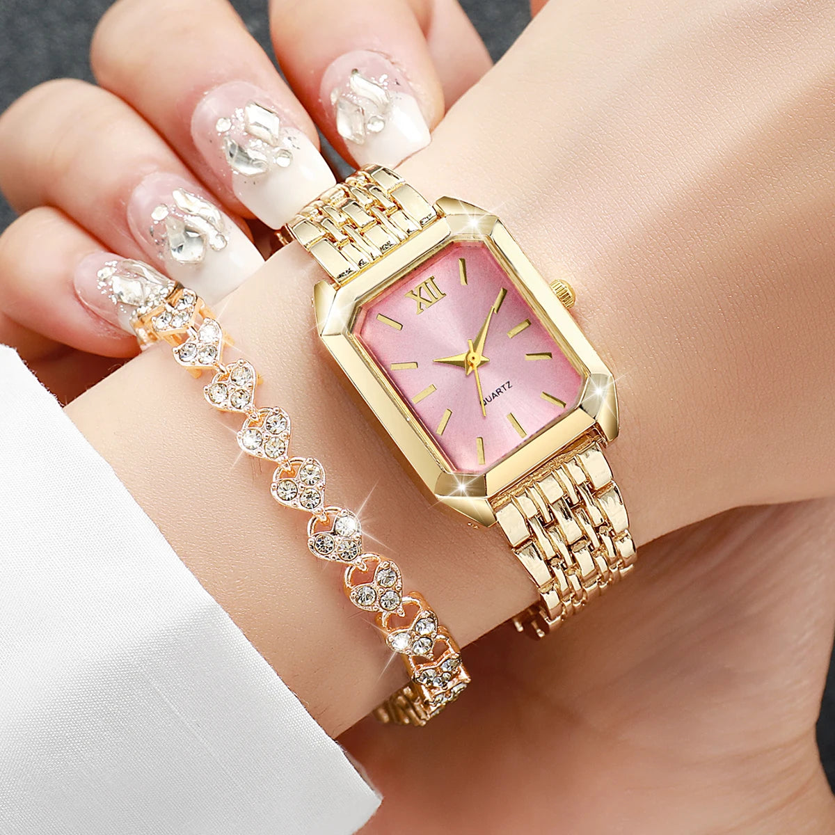 4PCS/Set Elegant Rectangle Women Watches Fashion Ladies Quartz Wristwatch Heart Bracelets Set Reloj Mujer Clock（Without Box）