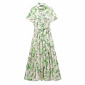 Women’s Summer Green Floral Print Short Sleeve Tie Waist Dress Casual Daily Wear Loose Fit Comfortable Style