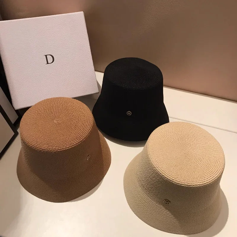 Japanese Designer M Straw Weaving Hat Summer Casual Travel Sunscreen Slim-face Sun Hat Women Luxury Simple Bucket Hats Panama