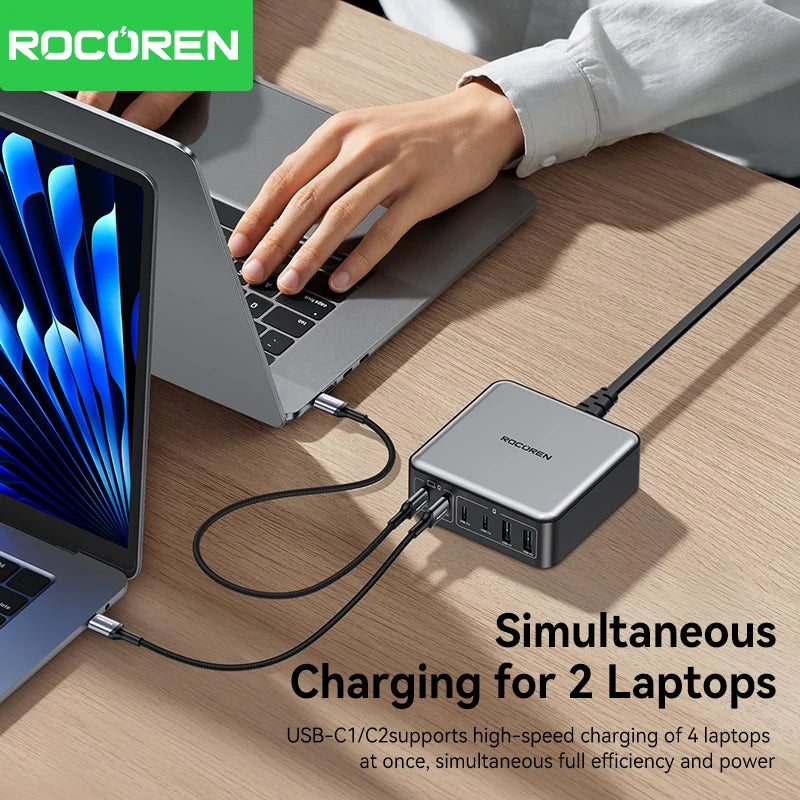 Rocoren 200W GaN Charger PD Fast Charging USB Type C Charger 270W 6 in 1 USBC Power Station For iPhone 16 15 Pro Max Xiaomi 14