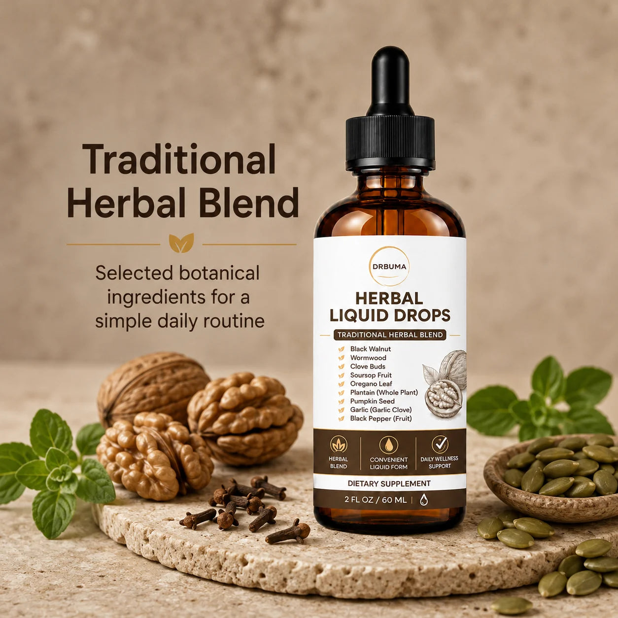 Natural Herbal Liquid Drops 60ml 2 oz, easily integrated into daily health regimens, daily health support for adults, traditional herbal formula, daily plant-based energy boost