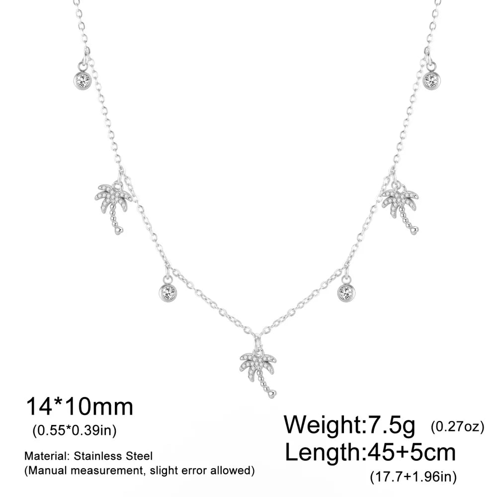 Skyrim Clear Zircon Coconut Tree Pendant Necklace Stainless Steel Gold Color Chain Choker for Women Plant Jewelry Wholesale