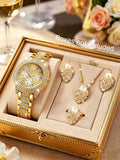 Luxurious Fashion Ladies round Shell Quartz Watch Set with Feathers Shaped Embedded Jewelry Accessory Ideal Gift