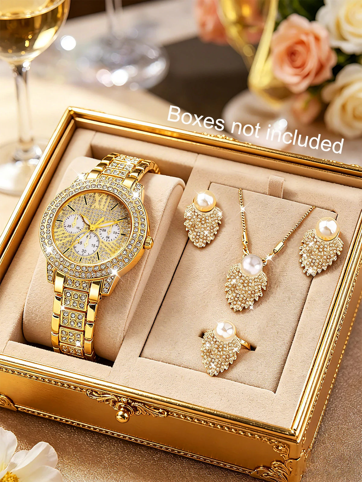 Luxurious Fashion Ladies round Shell Quartz Watch Set with Feathers Shaped Embedded Jewelry Accessory Ideal Gift