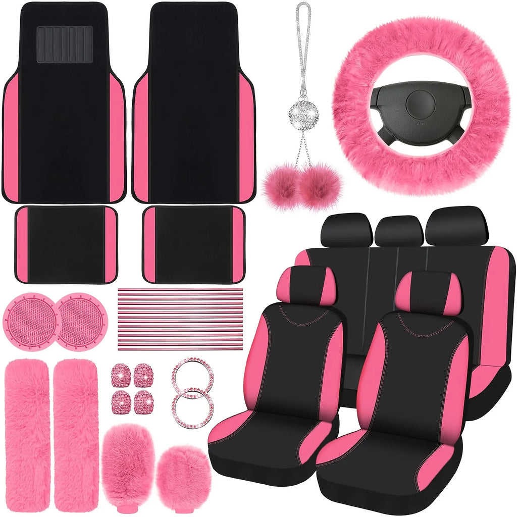 47 Car Seat Cover Full Set Car Accessories Car Seat Covers For Car Front Rear Seat Cover Fluffy Steering Wheel Cover Seat Belt Automotive Floor Mats Car Air Conditioner Decoration Strip