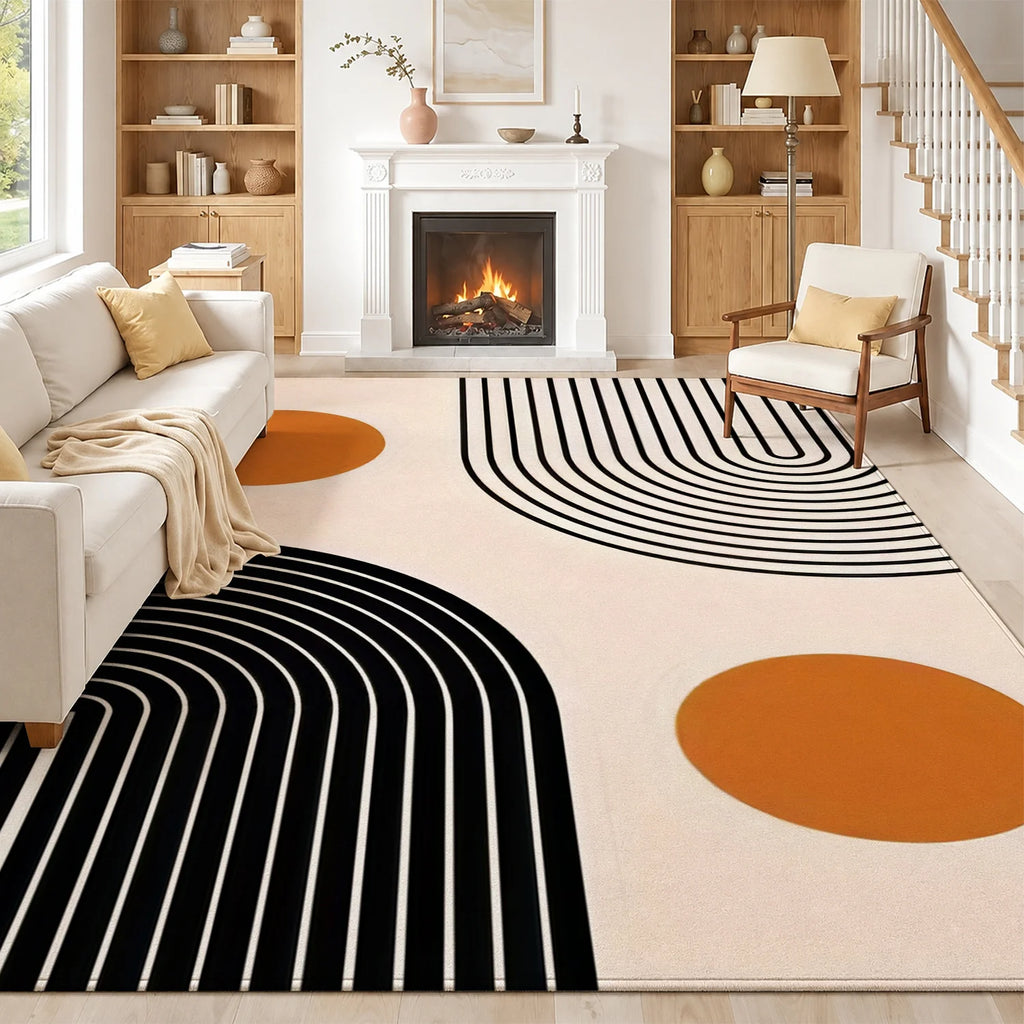 Large Indoor Area Rug, Soft Velvet Low Pile with Non-slip Dotted Backing, Machine Washable Mid-Century Geometric Black & Terracotta Pattern Rug for Living Room, Bedroom, Modern Home Decor