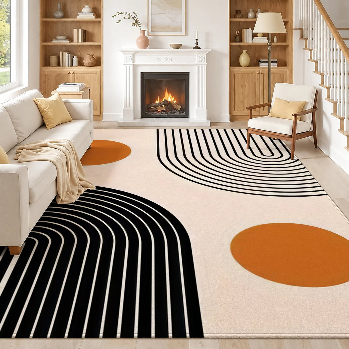 Large Indoor Area Rug, Soft Velvet Low Pile with Non-slip Dotted Backing, Machine Washable Mid-Century Geometric Black & Terracotta Pattern Rug for Living Room, Bedroom, Modern Home Decor