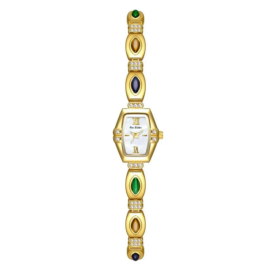 NEW Retro Luxury Women's Watches with Colored Gemstones Barrel-Shaped Small Dial Bracelet-Style Quartz Wristwatch for Women