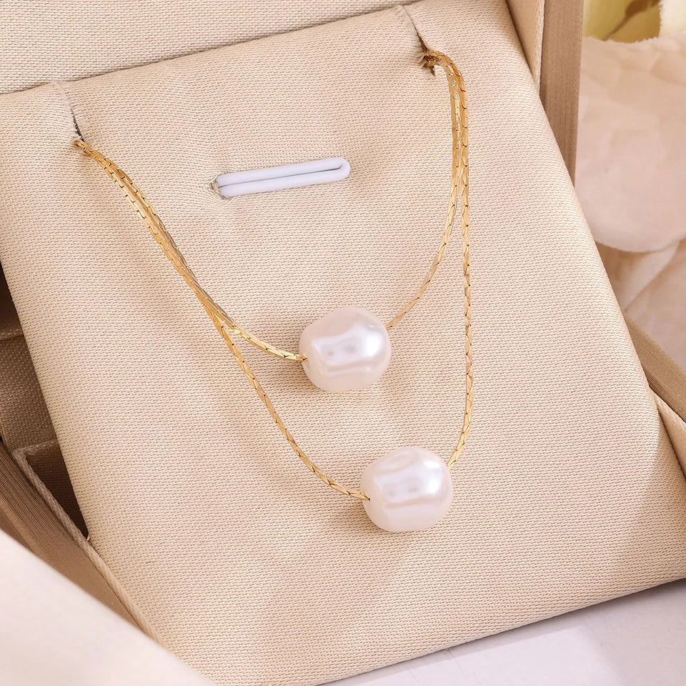 ZAKOL Simple Fashion Gold Color Double Layer Snake Chain Necklace Imitation Pearl Pendant Necklaces Choker Accessories