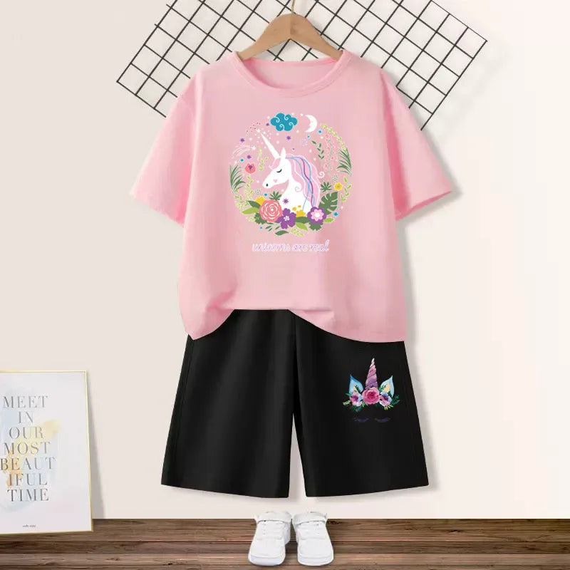 Girls Happy Cat Printed 2PC Outfit Set Summer Fashion Short Sleeve T-Shirt And Shorts Combo Cute Kids Clothing