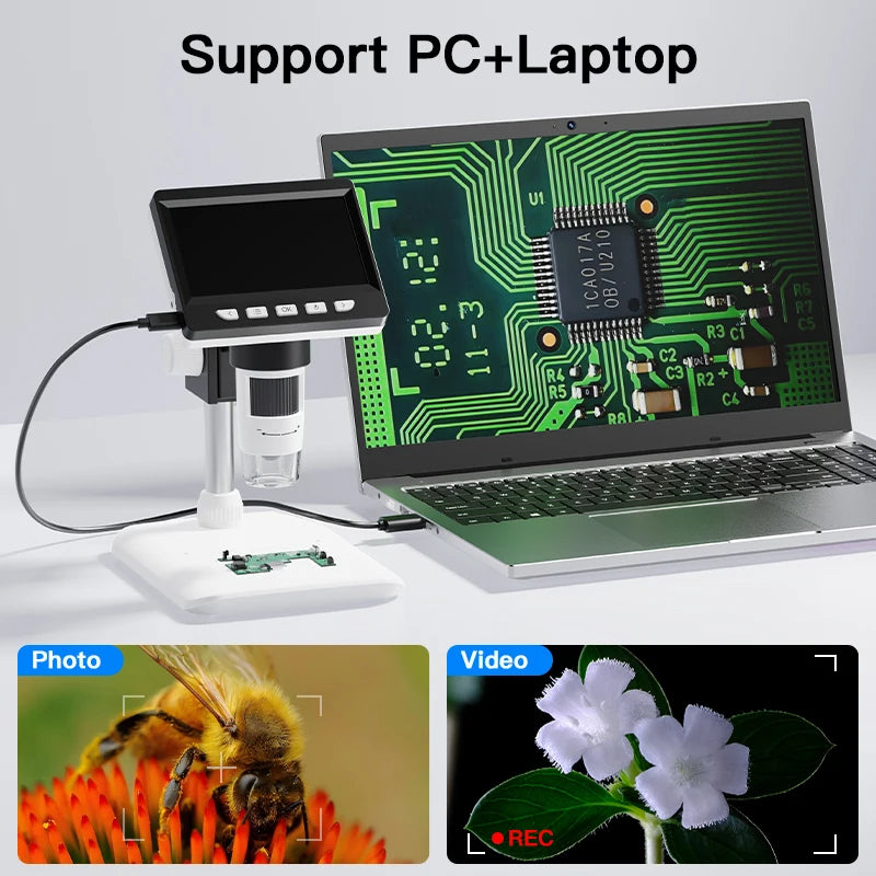 Digital Microscope with 4.3inch IPS Screen 1600X Coin Microscope 2MP USB Professional Electron Microscopios for Watch PCB Repair