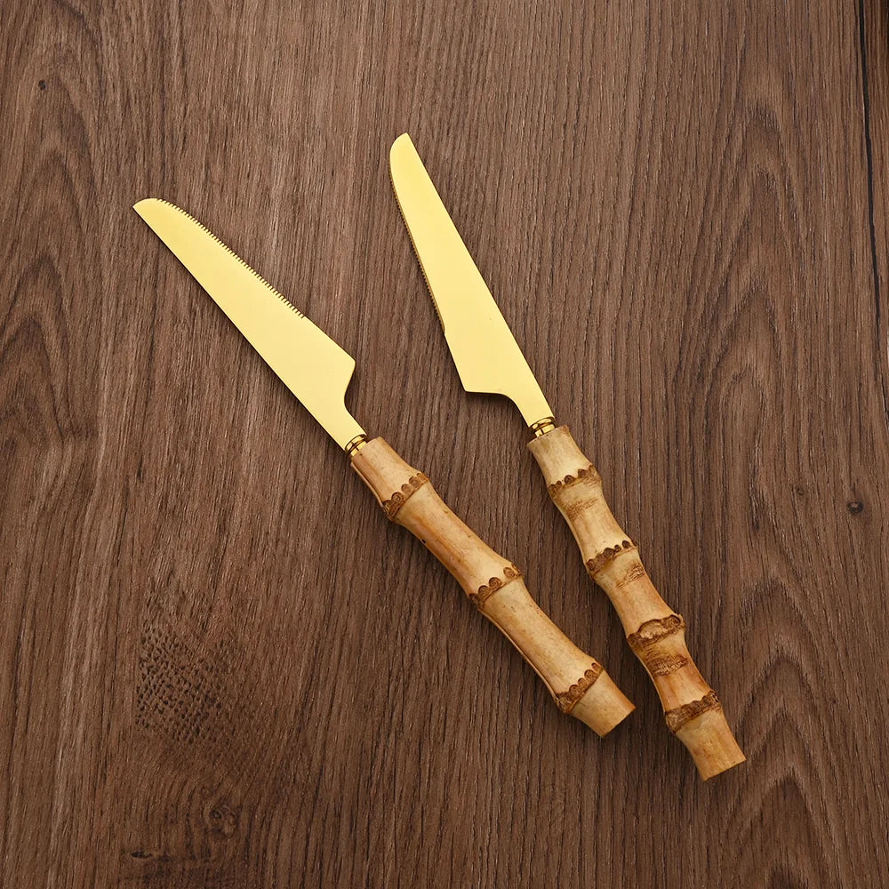 24Pcs Tableware Sets Stainless Steel Bamboo Cutlery SetPurely Natural Bamboo Handle Flatware Set Dinnerware Steak Knife Cutlery