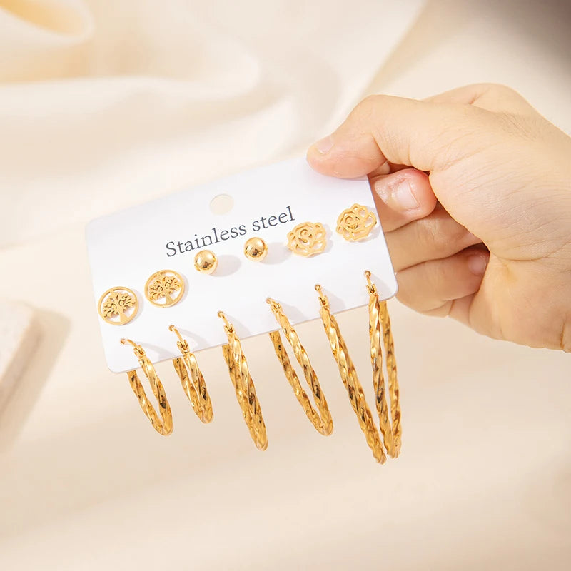 ANENJERY 316L Stainless Steel Circular Beads Star Flower Heart Zircon Earrings For Women Simple Fashion New Jewelry Wholesale