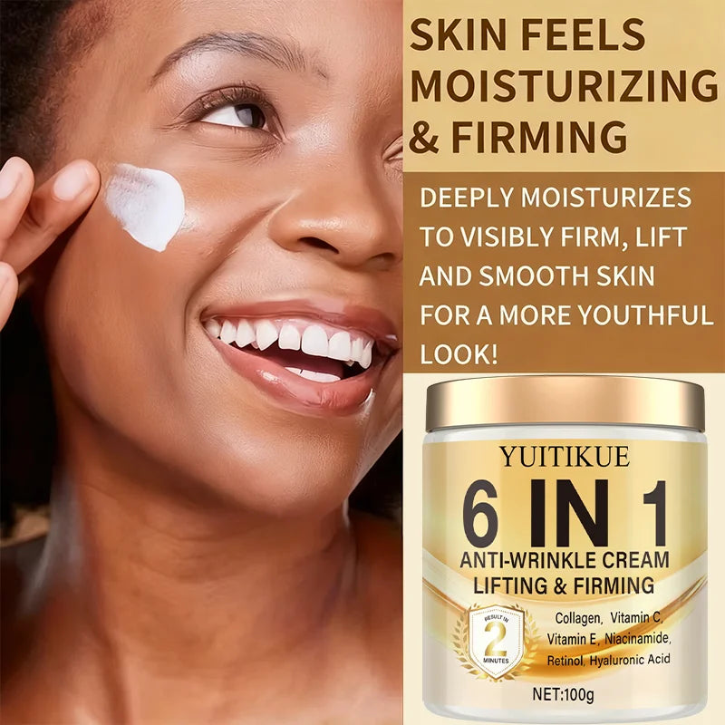 6-in-1 Anti-Wrinkle Cream: Deeply moisturizes, firms the skin, contains Vitamins C and E, retinol, and hyaluronic acid.