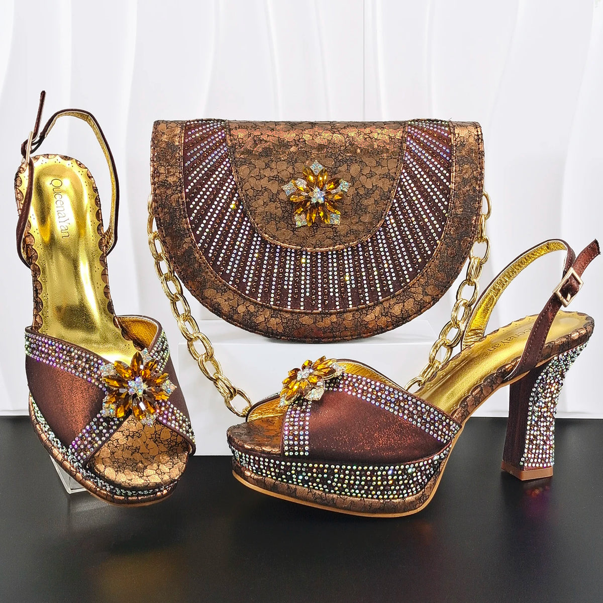 Italian Design Bigger Size Shoes and Bags Set Wedding for Women Bride Ladies High Heel HAND CRAFTED UPPER Shoes with Rhinestone