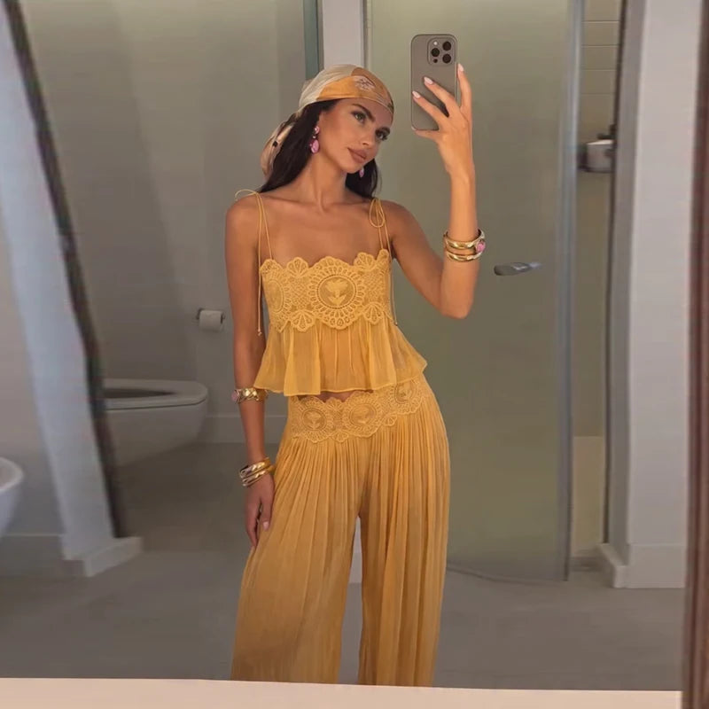 Beach Lace Hollow Out Women's Summer Pants Sets Lace Up Backless Spaghetti Strap Crop Top Loose Pleated Lantern Pant 2026 Suit