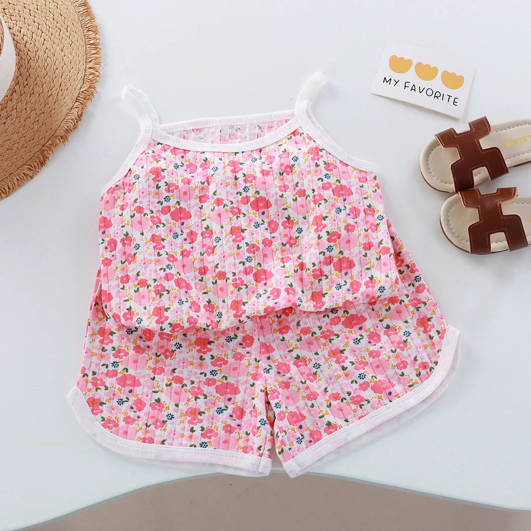 Girls Summer Clothes Sets New Baby Sleeveless Tops Shorts 2 Pieces Suit Girls Square Collar Clothing Set Kids Cotton Clothes