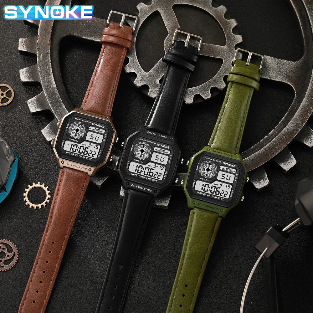 SYNOKE Belt Watch Men Outdoor Sports Multifunctional Waterproof  Luminous LED Digital Watch PU Leather For Men Retro Fashion