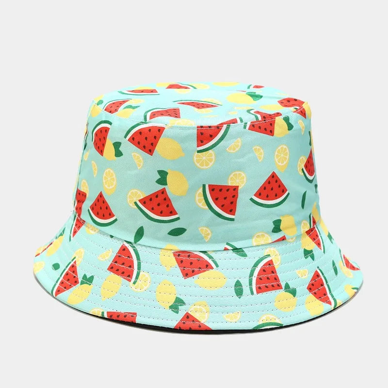 New Creative Fruit Pattern Fisherman's Hat Unisexdouble Sided Bucket Cap Uv Protection Panama Sun Caps for Girls Beach Hats