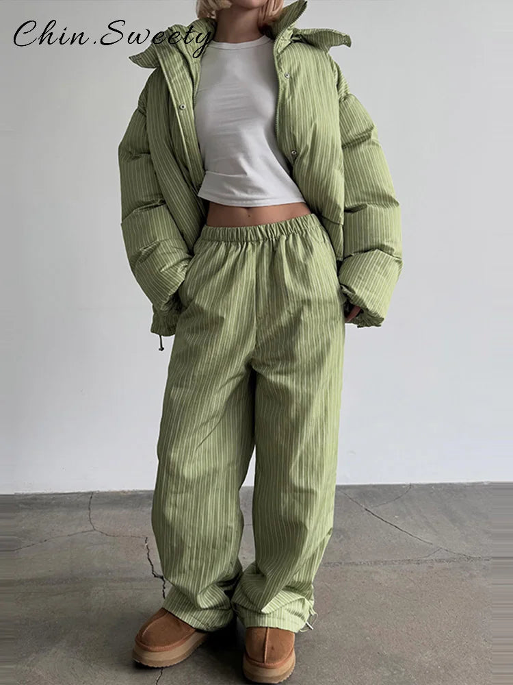 Fashion Women's Stripe Cotton Padded Coat Pant Set Loose Full Sleeve Hooded Zipper Jacket Elastic Waist Pants 2026 Winter Suits