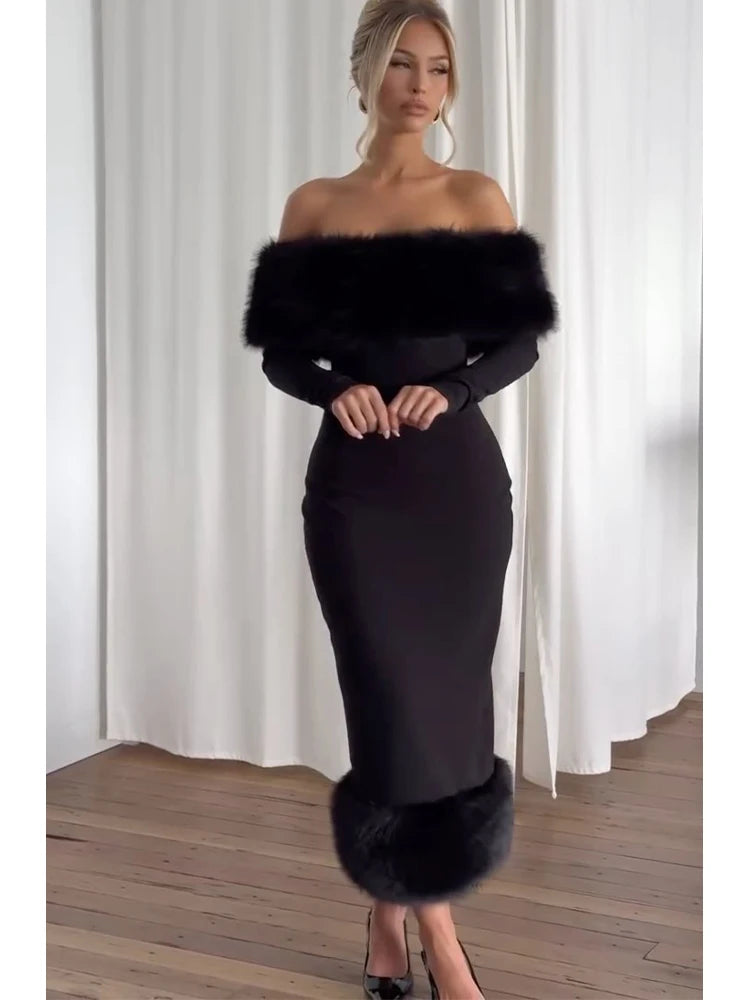 Chic Faux Fur Patchwork Strapless Maxi Dress Women Solid  Full Sleeve Off-shoulder High Waist Slim Dresses Lady Party Club Gown
