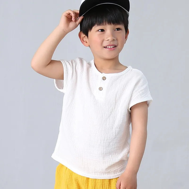 children t shirts fashion linen pleated boys t shirt children t-shirt 2025 summer baby boys girls t-shirt children clothes kids
