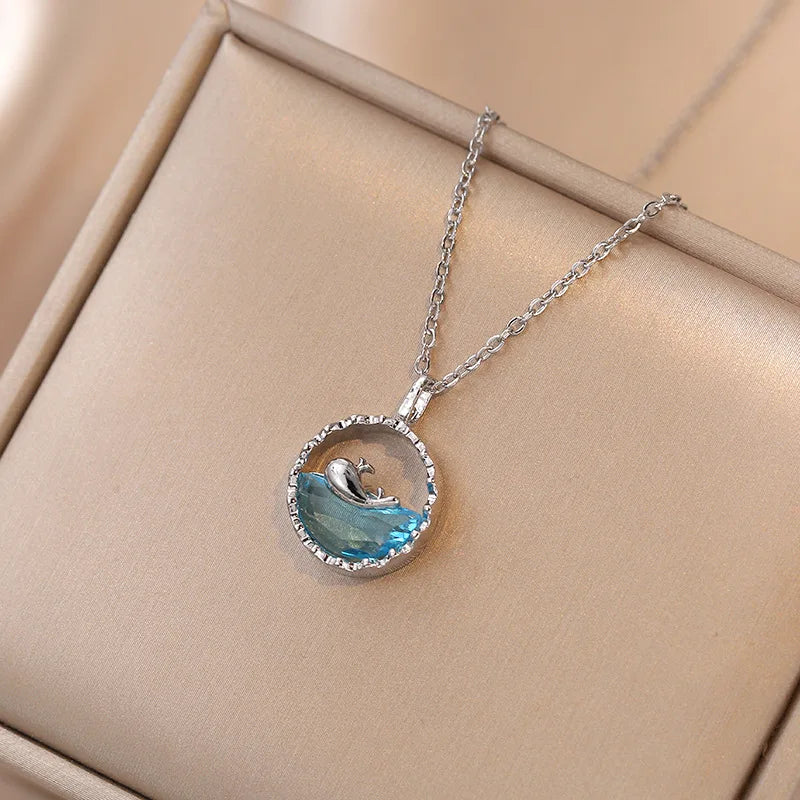 Stainless Steel Cute Sweet Blue Crystal Sea Whale Pendant Necklace for Women New Creative Design Summer Collar Jewelry Colorfast