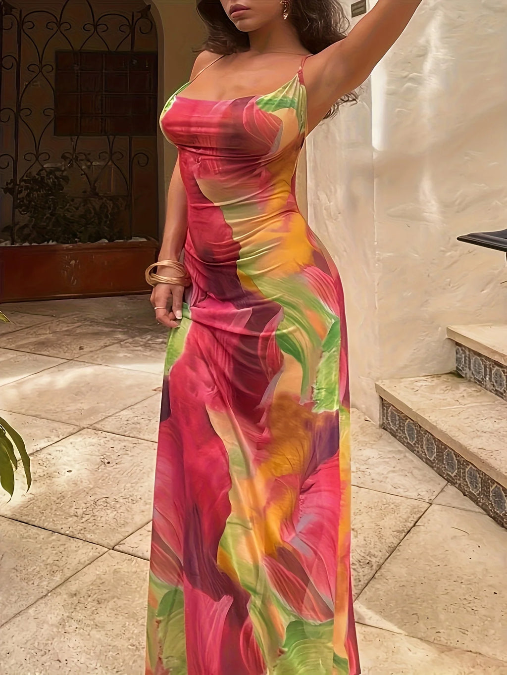 Leisure Beach Vacation, Tight and Sexy Strapless Suspender, Gradient Flower Print, Loose Hip Hugging Skirt, Long Skirt