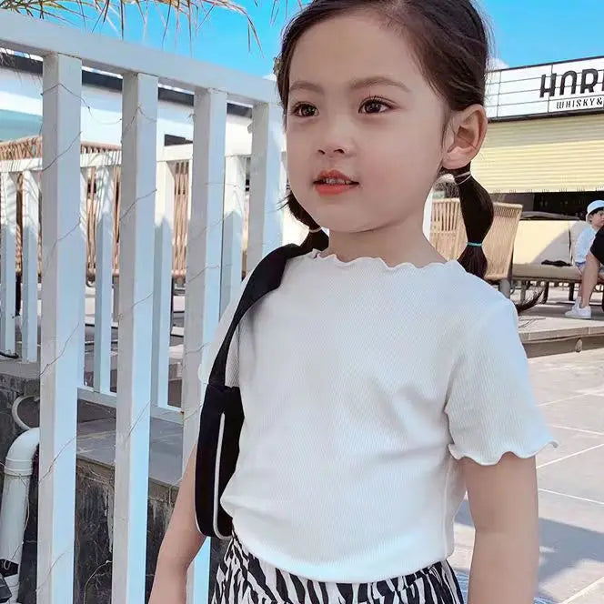 Girls Casual Ice Silk Short Sleeved T-shirt Summer Children Ear Edge Top 2-10 Years Old Girl Versatile Half Sleeved Clothes