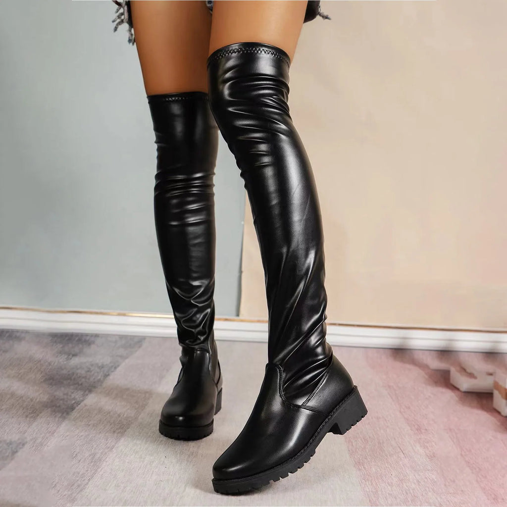 Ladies Calf High Boots Low Heel Solid Color Shiny Elastic Leather Boots Black Slim Non Slip Chunky Heels Over Knee Boots