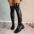 Ladies Calf High Boots Low Heel Solid Color Shiny Elastic Leather Boots Black Slim Non Slip Chunky Heels Over Knee Boots