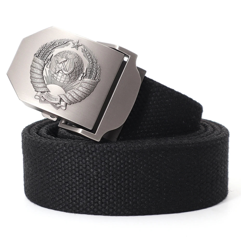 Mens Canvas Outdoor Tactical Army Belt 3D Soviet National Emblem Metal Buckle Unisex Jeans Belt for Men Military Training Belts