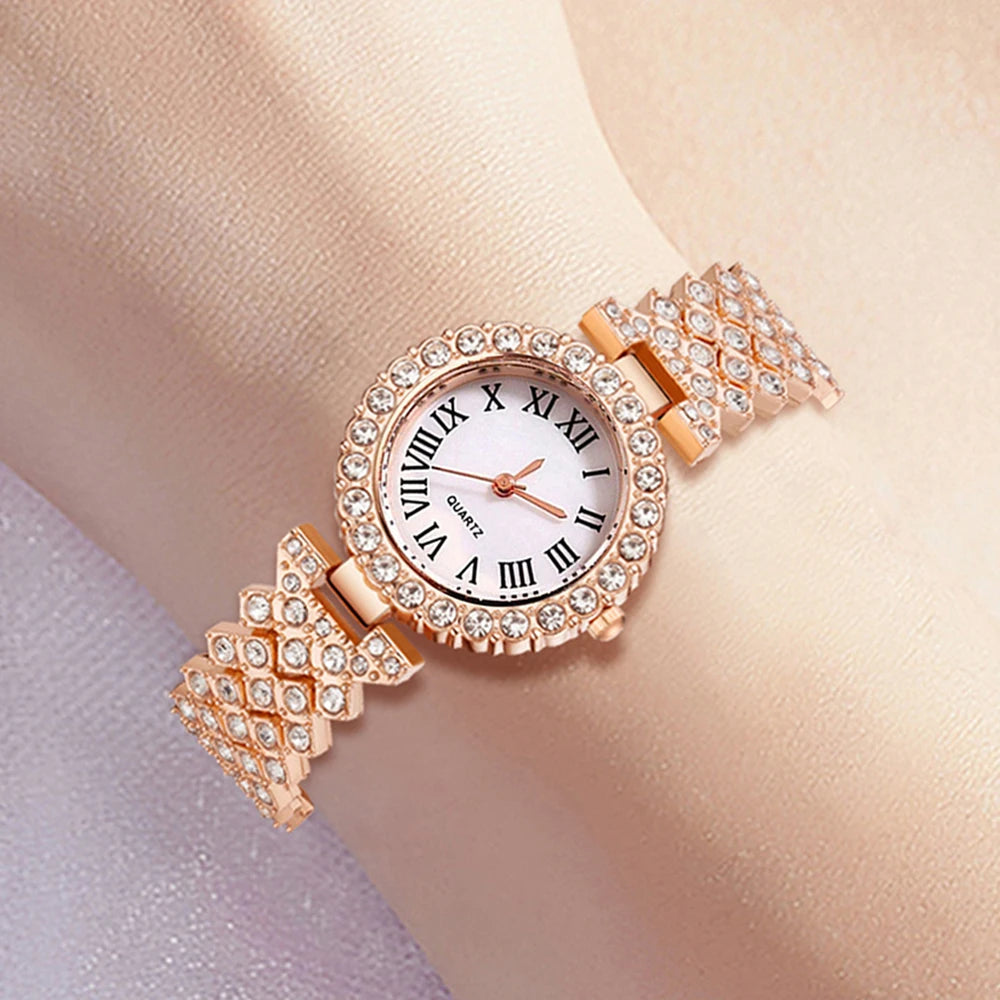 5Pcs/Set Unisex Jewelry Watches Women's Wristwatch Accessories Rose Gold Fashion Business Elegant Trendy Classic Exquisite Retro Light Luxury Rhinestone Luxury Bracelet Watch Set Y2K Suitable for Travel, Vacation, Parties, Da