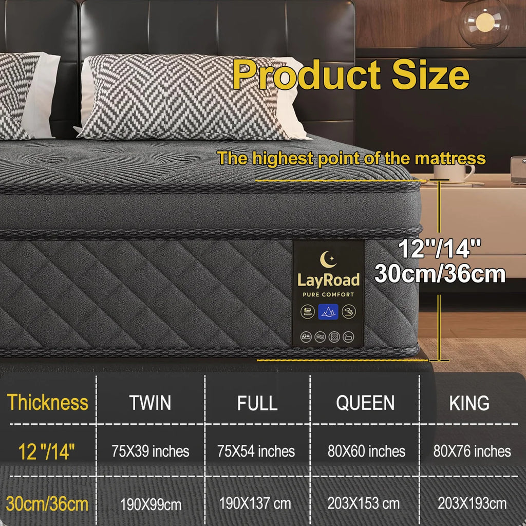 LayRoad 12-14inch Full-Size Memory Foam Mattress Available in Single, Twin, Queen, and King Sizes Boxed Mattress Medium Firmness