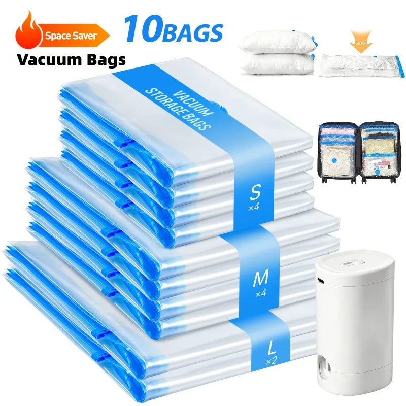 10pcs Vacuum Compression Bags with Rechargeable Wireless Pump, Vacuum Storage Bags Space Saver