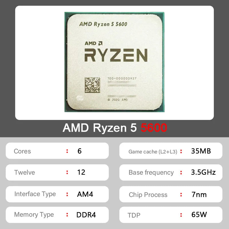 AMD R5 5600 CPU Ryzen 5 5600 3.5 GHz 6-Core 12-Thread 7NM L3=32M 100-000000927 Socket AM4 New but no fan