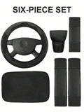 6-Piece PU Leather Car Interior Accessories Set Steering Wheel Cover Armrest Handbrake Seat Belt Covers For Sedan SUV Truck