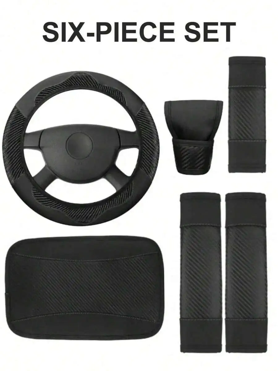 6-Piece PU Leather Car Interior Accessories Set Steering Wheel Cover Armrest Handbrake Seat Belt Covers For Sedan SUV Truck