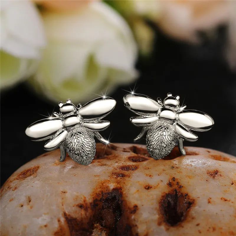 Huitan Fashion Simulated Pearl Bee Stud Earrings with Crystal Cubic Zirconia Cute Animal Earrings Daily Wear Women Jewelry