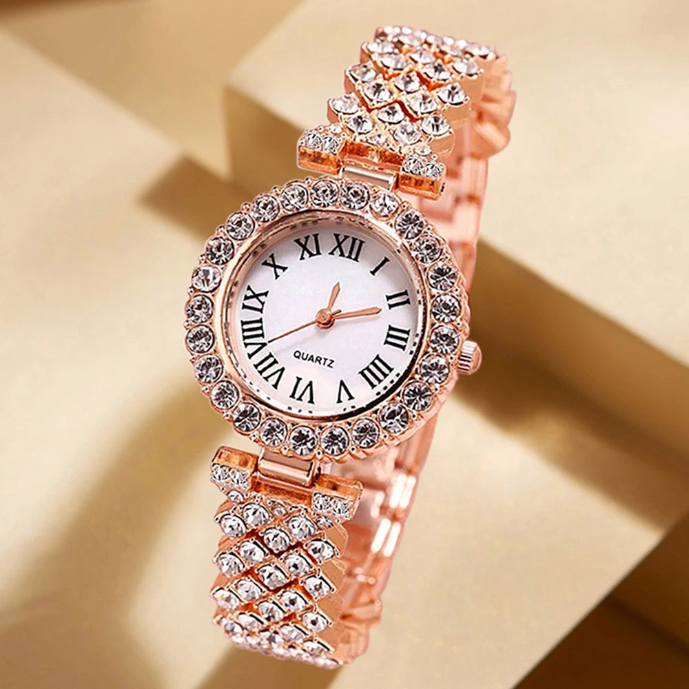 5Pcs/Set Unisex Jewelry Watches Women's Wristwatch Accessories Rose Gold Fashion Business Elegant Trendy Classic Exquisite Retro Light Luxury Rhinestone Luxury Bracelet Watch Set Y2K Suitable for Travel, Vacation, Parties, Da