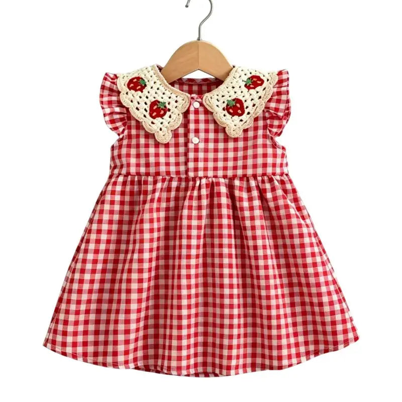 Baby Girl Dress Summer Red Checkered Cotton Girl Dress Cute Strawberry Lapel Girl Beach Dress