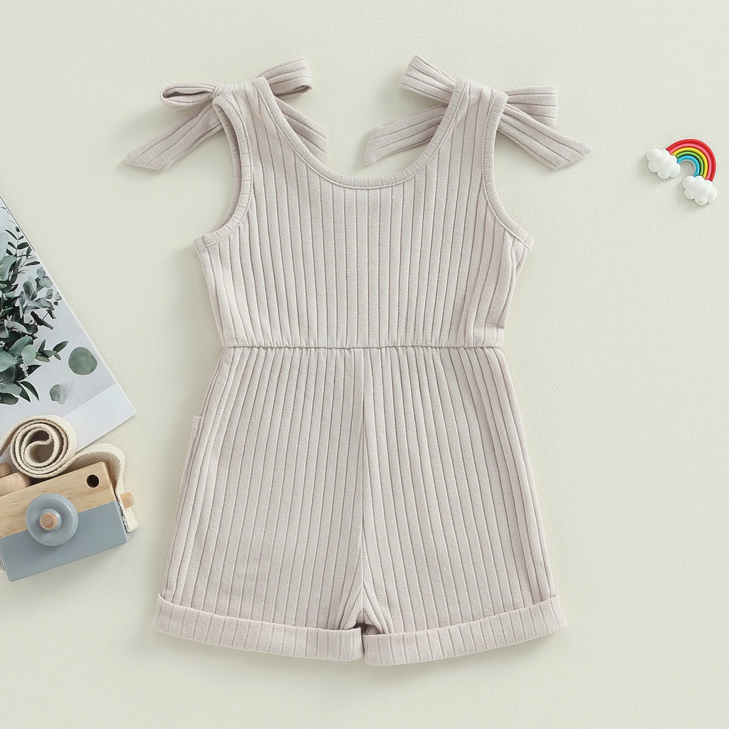 Pudcoco Toddler Kids Baby Girls Sleeveless Romper Solid Color Ribbed Bodysuit Summer Clothes with Pockets 6M-4T
