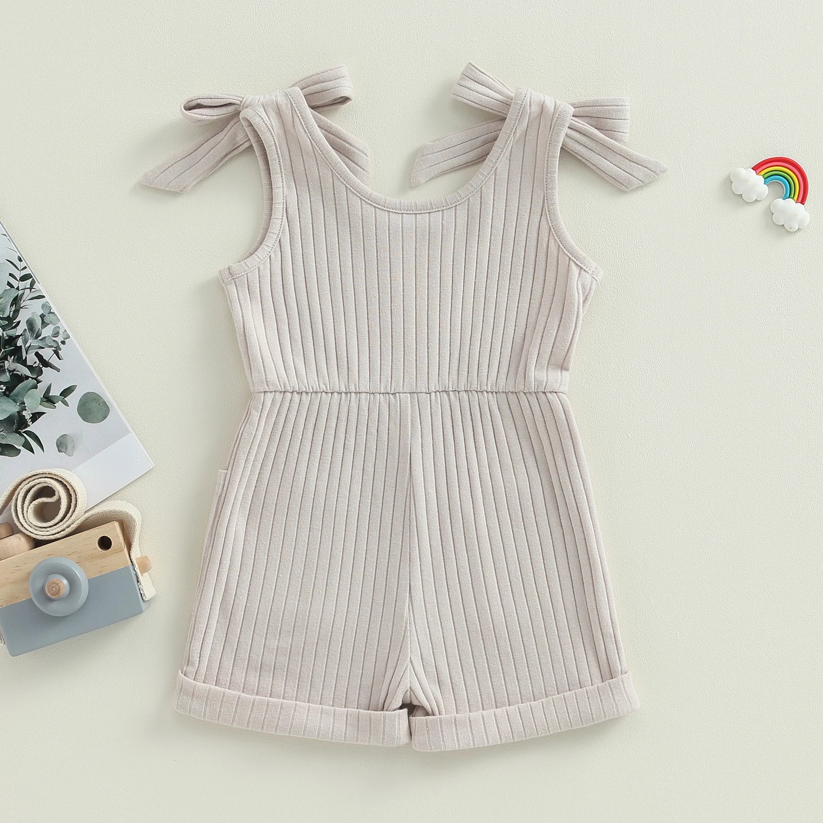 Pudcoco Toddler Kids Baby Girls Sleeveless Romper Solid Color Ribbed Bodysuit Summer Clothes with Pockets 6M-4T