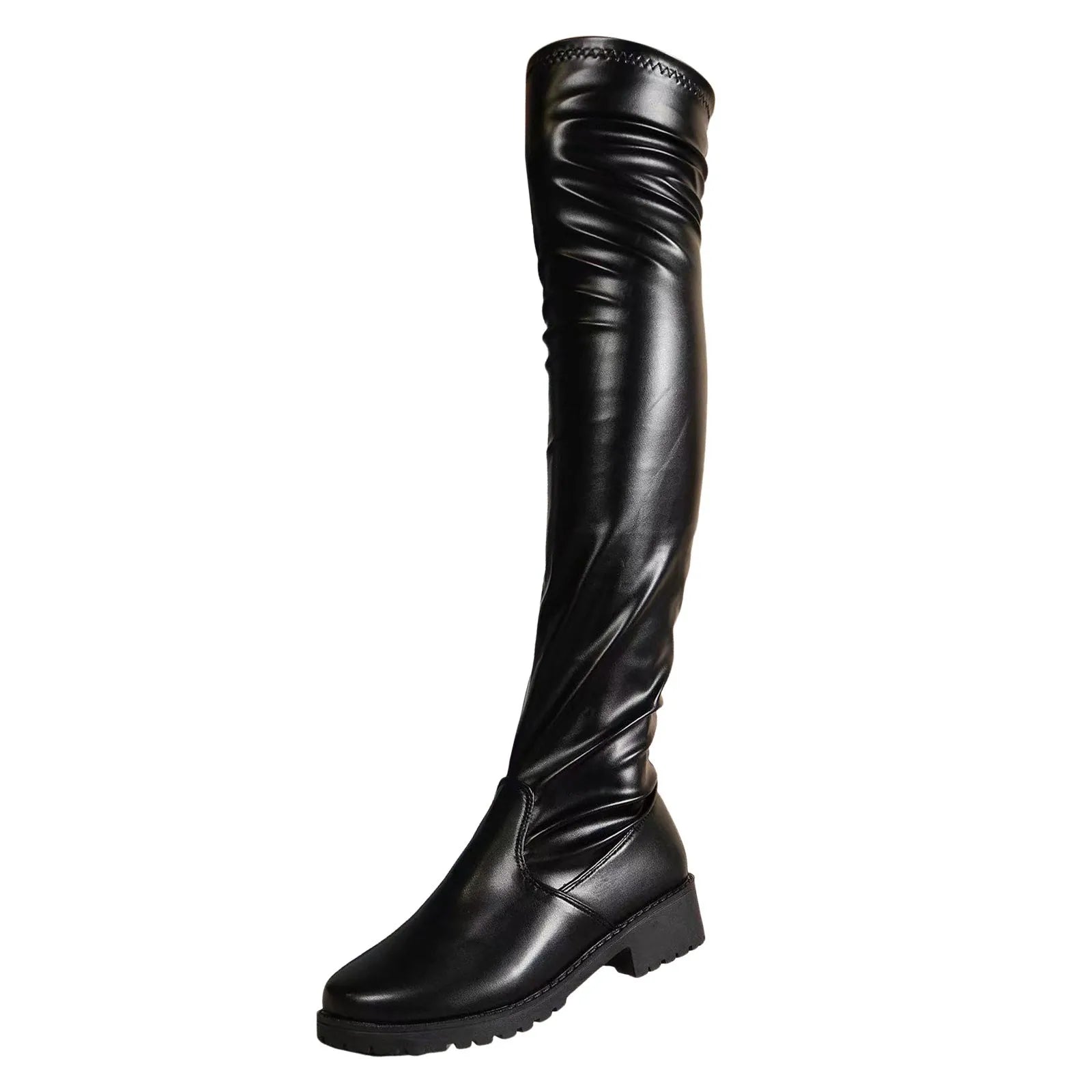 Ladies Calf High Boots Low Heel Solid Color Shiny Elastic Leather Boots Black Slim Non Slip Chunky Heels Over Knee Boots