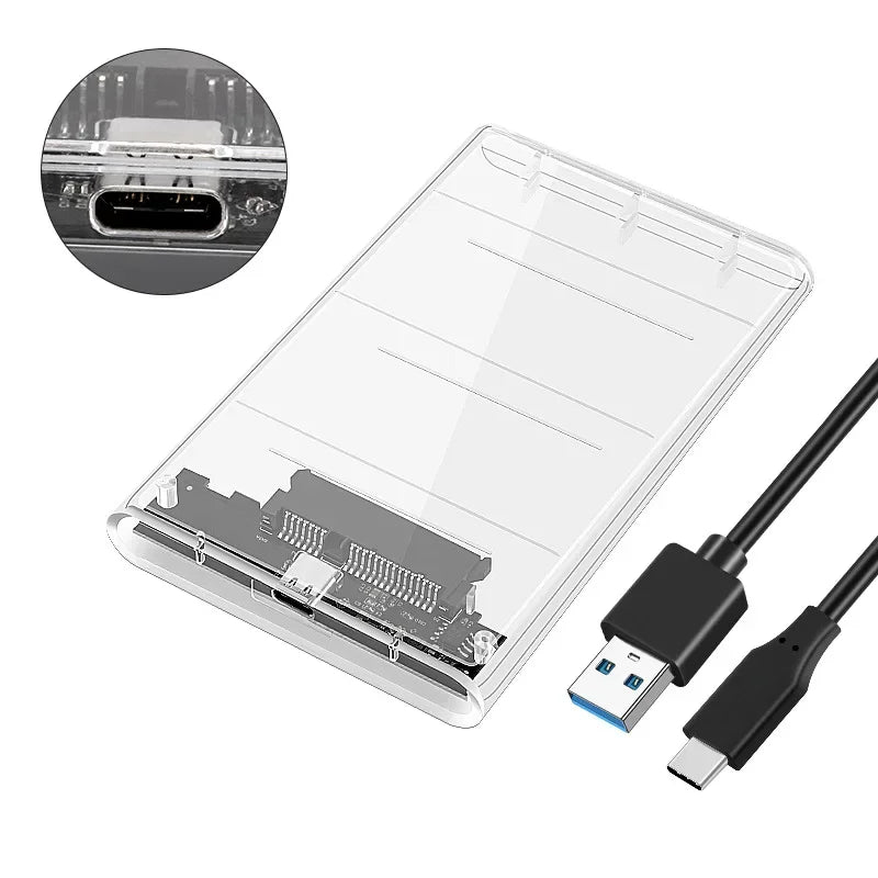 Transparent 2.5 Inch HDD Enclosure SATA to USB 2.0 Type-C SSD Case Portable External Hard Drive Box Tool-Free