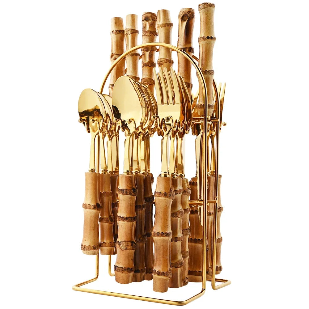 24Pcs Tableware Sets Stainless Steel Bamboo Cutlery SetPurely Natural Bamboo Handle Flatware Set Dinnerware Steak Knife Cutlery