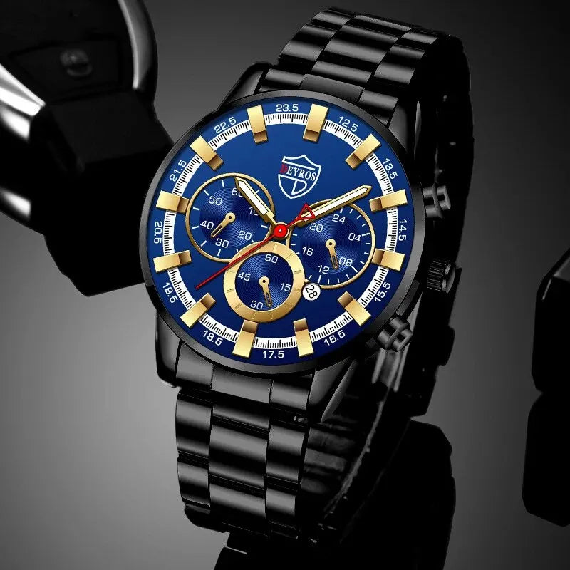 DEYROS 2pcs Luxury Black Quartz Watch & Bracelet For Men Business Fashion Round Calendar Watch Set