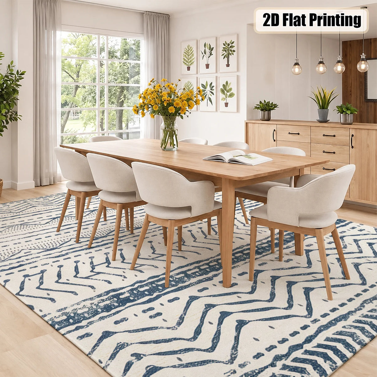 Large Indoor Area Rug: Soft Velvet, Low Pile, Non-Slip Dotted Backing, Machine Washable Navy Blue Tribal Geometric Zigzag Striped Rug for Living Room, Bedroom, Entryway