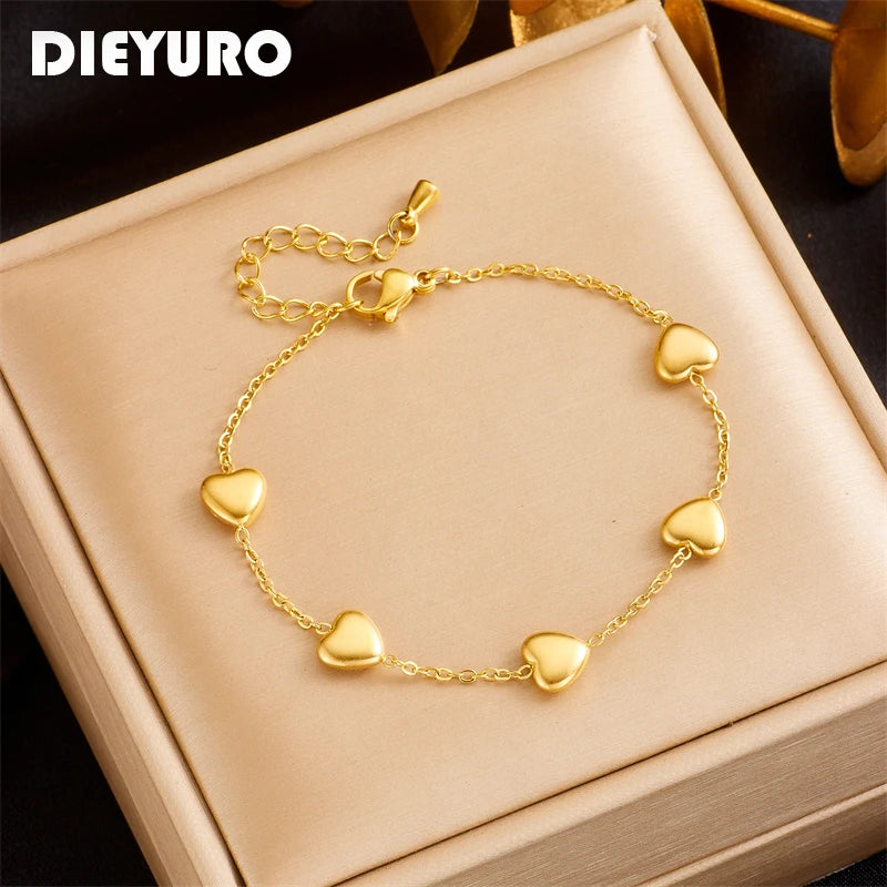 DIEYURO 316L Stainless Steel Gold Color Heart Love Bracelet For Women Girl Fashion Bangles Rust-proof Jewelry Lady Holiday Gift