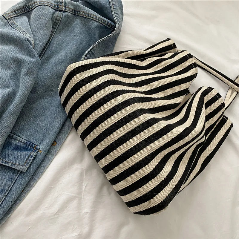 Female Casual Multifunctional Travel Top-handle Handbag Large Capacity Canvas Women Shopper Tote Simple Striped Shoulder Bag2025